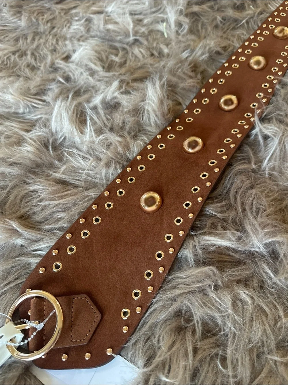Tan faux suede western belt chunky gold studs chic cowgirl wide belt rare